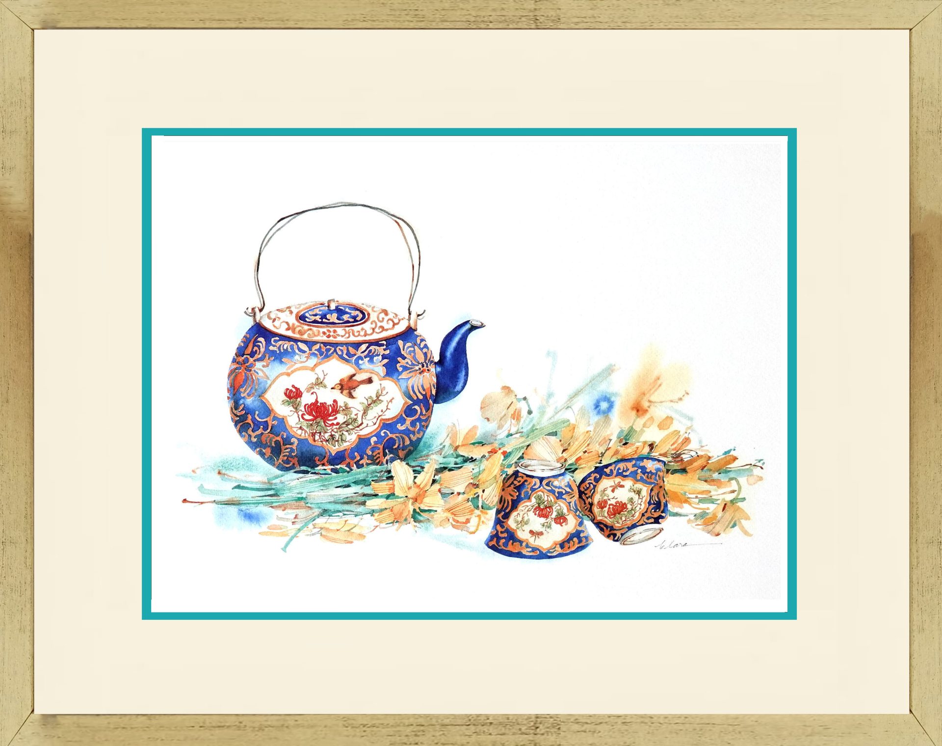 Watercolour Painting of a Blue Peranakan Teapot with Cups and Flowers